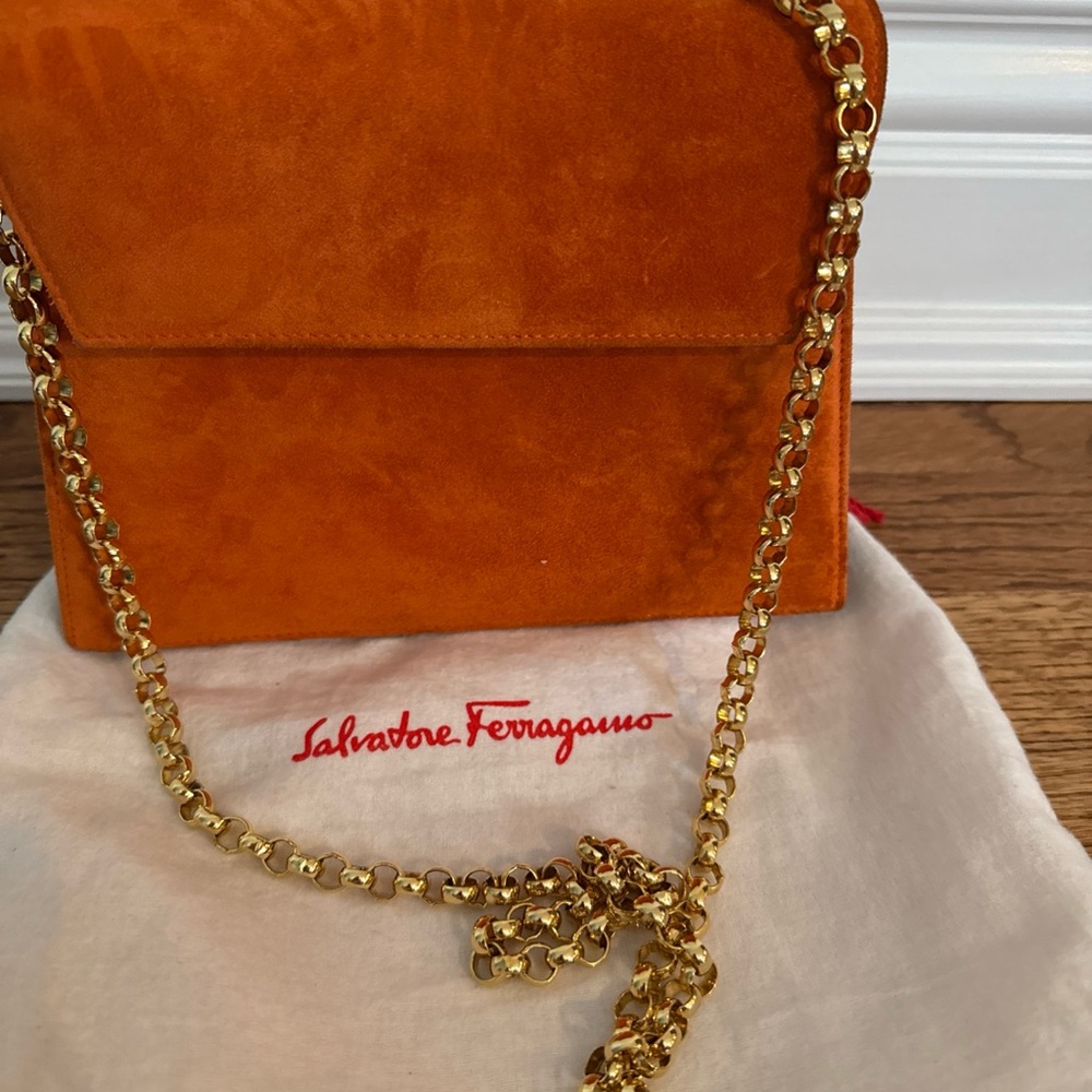 Authentic Salvatore Ferragamo Orange Suede Clutch with Gold Chain